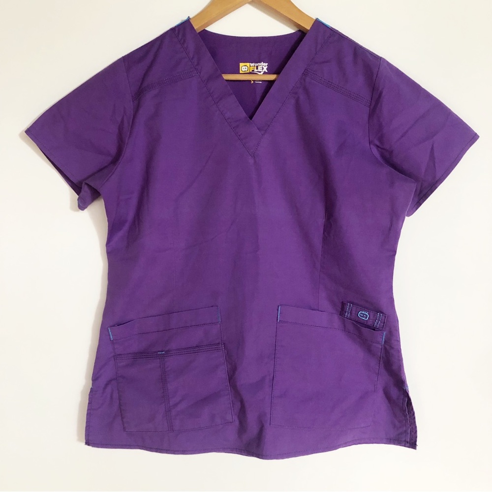 Wonder Flex Purple Scrub Top Womens S Pockets V Neck Nurse Medical Tech Shirt
